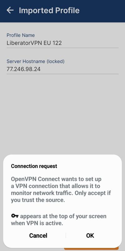 OpenVPN Connect Android - accept app request to establish VPN connection